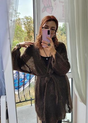 Жіночий італійський кардиган однотонний oversize з поясом. в`язаний. коричневий, шоколадний. мохер/шерсть. one size