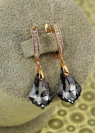 Сережки підвіски xuping jewelry греза сваровскі чорний камінь 3,5 см золотисті
