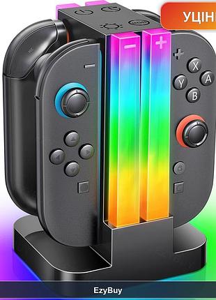 Зарядна станція для 4 контролерів nintendo switch 2 та oled, чорна док-станція з rgb-підсвіткою, таймером та usb type-c