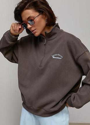 Теплый свитшот oversize с воротником на молнии - кофейный цвет, one size (имеется размеры)
