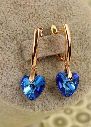 Сережки підвіски xuping jewelry сваровські сердечки сині хамелеон 2,8 см золотисті