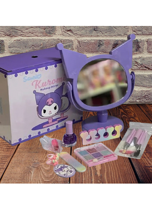 Подарунковий косметичний набір sanrio kuromi для дівчинки, ігрова косметика, дзеркало, палетка, пензлики, стрази