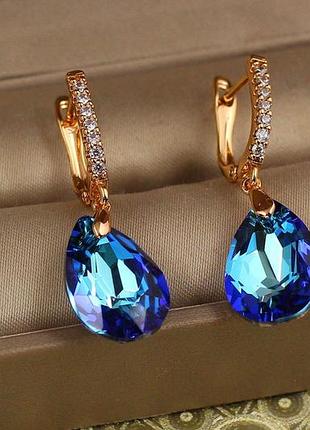 Серьги подвески xuping jewelry большая капля с синим камнем сваровски 3,4 см золотистые