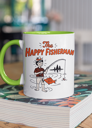 Чашка керамічна з принтом "happy fisherman" 330 мл, біла з зеленою ручкою