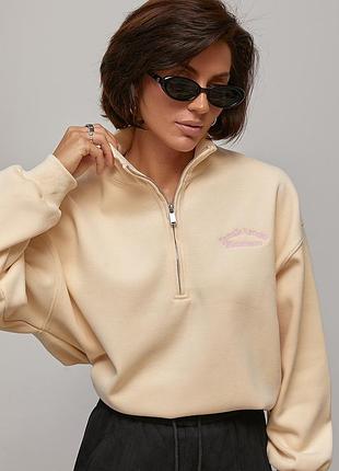 Теплый свитшот oversize с воротником на молнии - кремовый цвет, one size (имеется размеры)