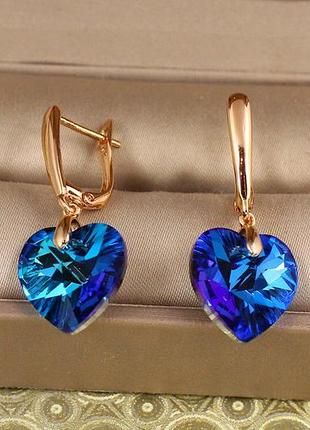 Серьги подвески xuping jewelry сваровски сердечки большие синие хамелеон 2,8 см золотистые