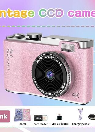 Цифровий ретро фотоапарат 4k 48 мп з поворотним екраном 180° та карткою пам'яті 32gb, селфі-камера (рожевий)