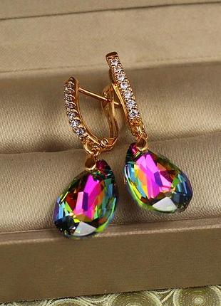 Сережки підвіски xuping jewelry велика крапля із зеленим каменем сваровські 3,4 см золотисті