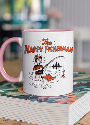 Чашка керамічна з принтом "happy fisherman" 330 мл, біла з рожевою ручкою