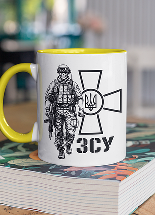 Чашка керамічна з принтом "зсу" 330 мл, біла з жовтою ручкою