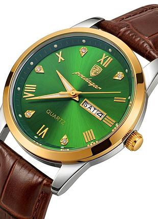 Мужские кварцевые часы poedagar omega leather brown с датой и минеральным стеклом, 2 ремешка