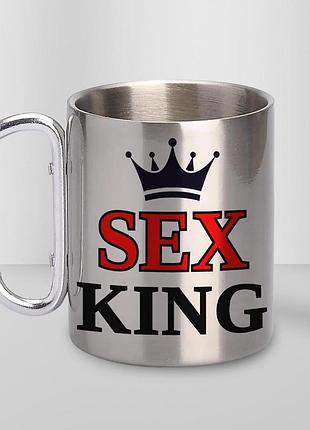 Кружка металлическая с принтом "sex king" 400 мл с карабином туристическая, серебристая