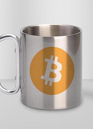 Кружка металлическая с карабином туристическая "bitcoin" 400 мл серебристая