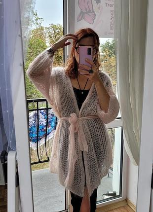 Женский итальянский однотонный кардиган oversize с поясом. вязаный. розовый, пудровый. мохер/шерсть. one size