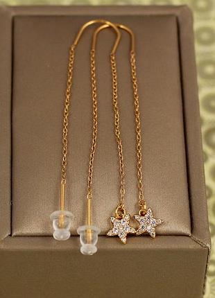 Серьги продевки xuping jewelry звездочки с мелкими камнями золотистые