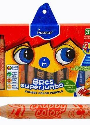Олівці 8 кольорів круглі jumbo акварельні з чищенням, chubby color, 1800-8cb, тм marco
