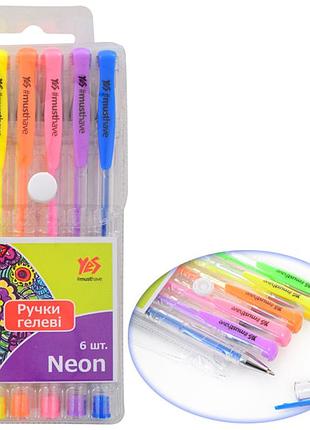 Ручки гелевые yes "neon", неон, набор, 6 шт.