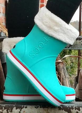 Жіночі гумові напівчоботи crocs бірюзові чоботи крокси теплі зимові (розміри: 36,37,38) — 12