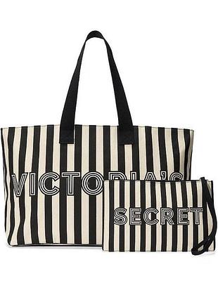 Сумка жіноча victoria's secret тоут у смужку чорно-біла