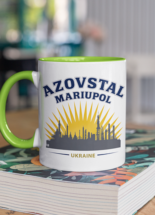 Чашка керамічна з принтом "азовсталь маріуполь" 330 мл, біла з зеленою ручкою