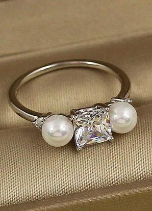 Кольцо xuping jewelry квадрат с двумя жемчужинами 6 мм р 17 серебристое