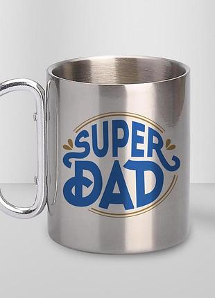 Кружка металлическая с карабином туристическая "super dad" 400 мл серебристая