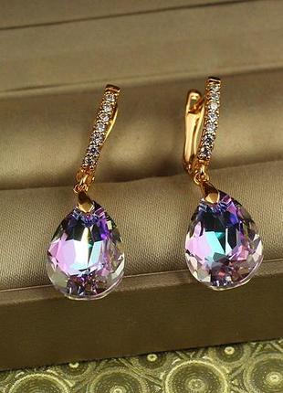 Сережки підвіски xuping jewelry велика крапля із фіолетовим каменем сваровські 3,4 см золотисті