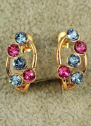 Серьги xuping jewelry пузыри сваровские розовые и голубые камни 1,6 см золотистые
