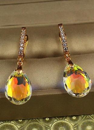 Серьги подвески xuping jewelry большая капля с желтым камнем сваровски 3,4 см золотистые