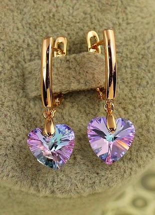 Сережки підвіски xuping jewelry сваровські сердечки фіолетові хамелеон 2,8 см золотисті