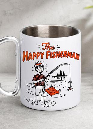 Кружка металева з принтом "happy fisherman" 400 мл з карабіном туристична, біла