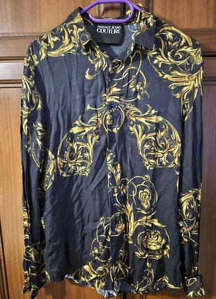 Чоловіча сорочка versace jeans couture чорна із золотим візерунком