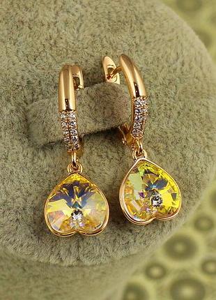 Серьги подвески xuping jewelry сваровские перевернутые сердечки желтые хамелеоны 3 см золотистые