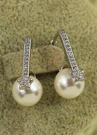 Серьги xuping jewelry звездопад с жемчужиной 2 см серебристые