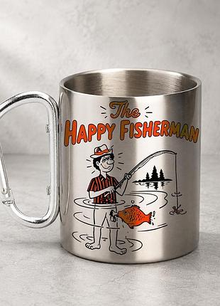 Кружка металева з принтом "happy fisherman" 400 мл з карабіном туристична, срібляста