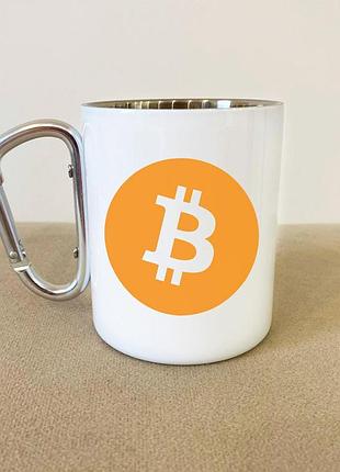 Кружка металлическая с карабином туристическая "bitcoin" 400 мл белая