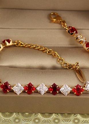 Браслет xuping jewelry ледяные ромбы с белыми и красными камнями 17 см золотистый