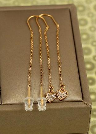 Серьги продевки xuping jewelry сердечки с мелкими камнями золотистые