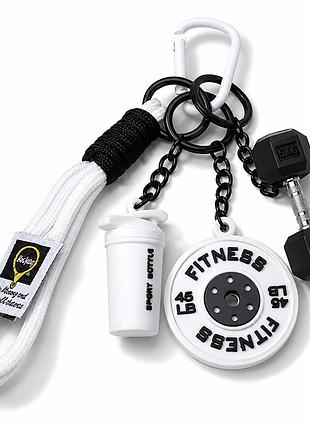 Яскравий брелок fitness 4-в-1 для ключів і сумки — гантеля 10kg, шейкер, диск та ремінець із карабіном, білий