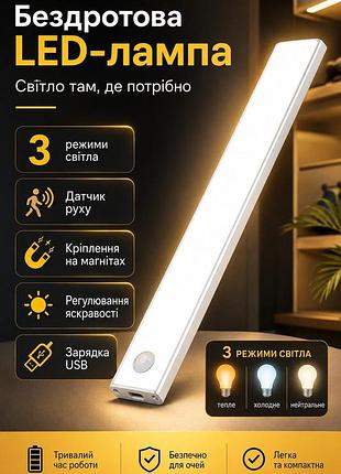 Беспроводная аккумуляторная led лампа на магнитах intelligent light светильник с датчиком движения 60см