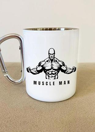 Кружка металлическая с карабином туристическая "muscle man" 400 мл белая