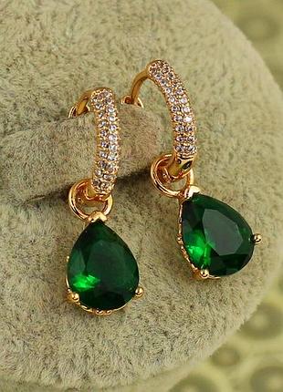 Серьги подвески xuping jewelry со съемной зеленой каплей 2,5 см золотистые
