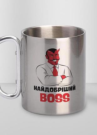 Кружка металлическая с карабином туристическая "лучший boss" 400 мл серебристая