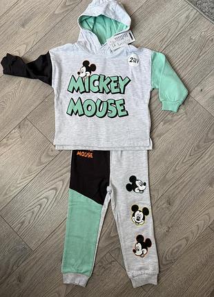 Спортивний костюм для хлопчика mickey mouse сірий з м'ятним та чорним, з флісом