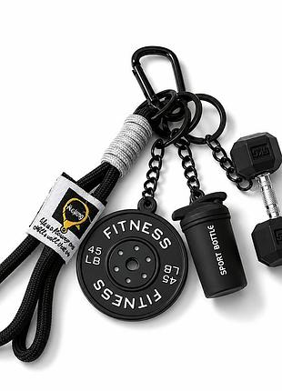 Яскравий брелок fitness 4-в-1 для ключів і сумки — гантеля 10kg, шейкер, диск та ремінець із карабіном, чорний