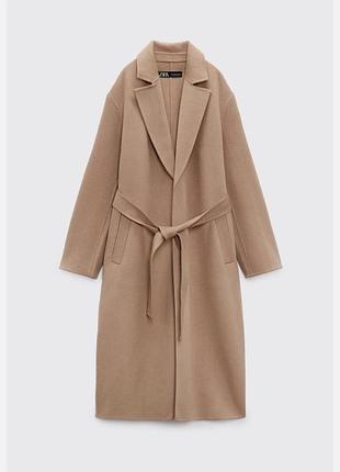 Жіноче довге вовняне бежеве пальто з пояском zara