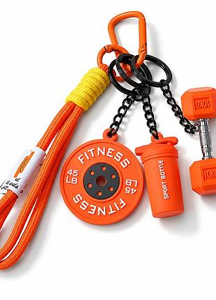 Яскравий брелок fitness 4-в-1 для ключів і сумки — гантеля 10kg, шейкер, диск та ремінець із карабіном, помаранчевий