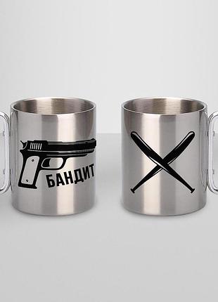 Кружка металлическая с карабином туристическая "бандит" 400 мл серебристая