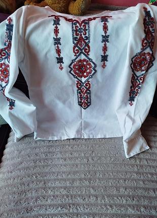 Вишиванка жіноча з довгим рукавом, біла з червоно-синім геометричним орнаментом