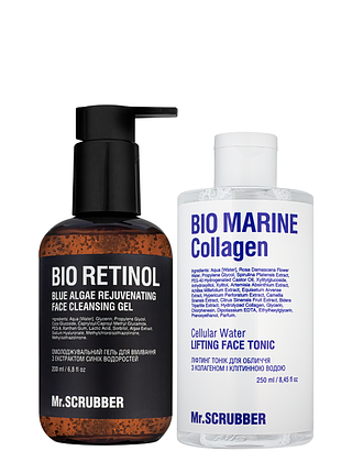 Набір косметики для обличчя mr. scrubber: гель для вмивання bio retinol blue aglae + тонік bio marine collagen daily skin care